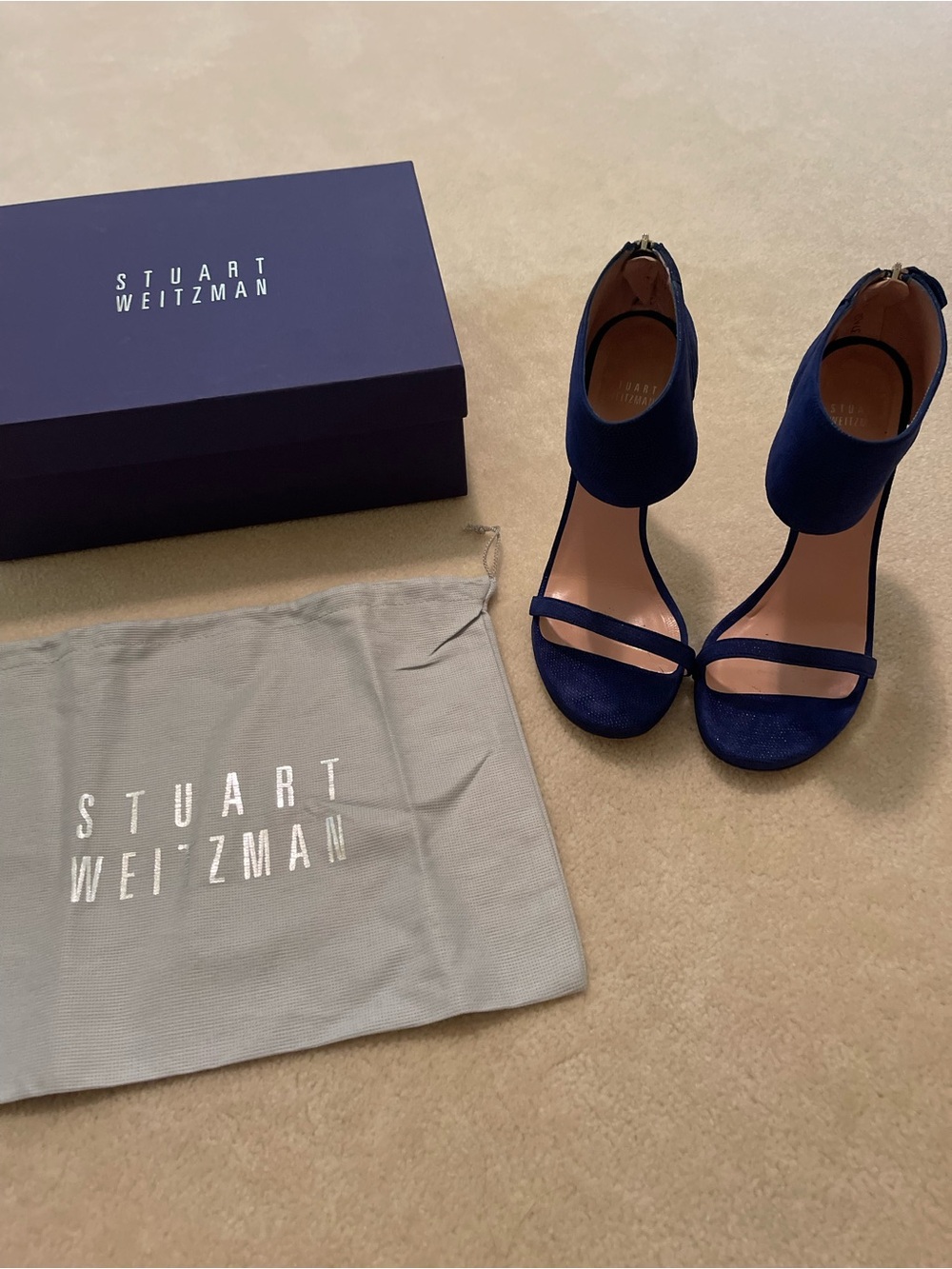 Stuart Weitzman Navy Suede Open-Toe Ankle-Strap Heels